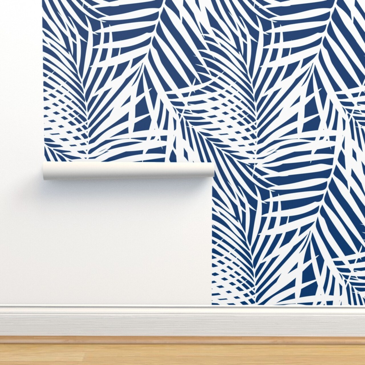 Silhouette Navy Palm Summer Tropical Blue And White Coastal Fronds Leaf Custom Removable Wallpaper by Spoonflower Peel & Stick Wallpaper 2FT Wide